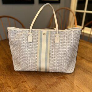 Tory Burch Gemini Link Coated Canvas Leather Tote, White & Grey